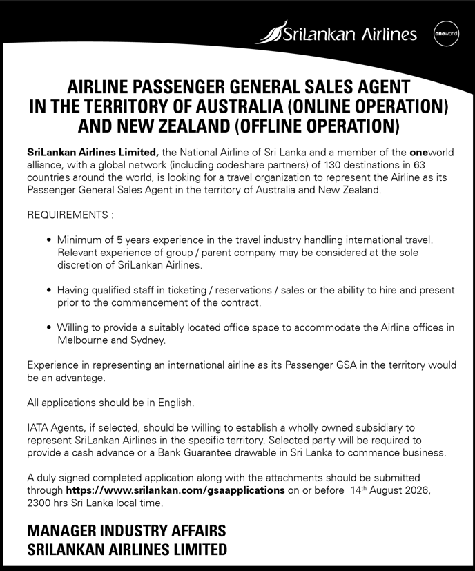 AIRLINE PASSENGER GENERAL SALES AGENT IN THE TERRITORY OF AUSTRALIA (ONLINE OPERATION) AND NEW ZEALAND (OFFLINE OPERATION)